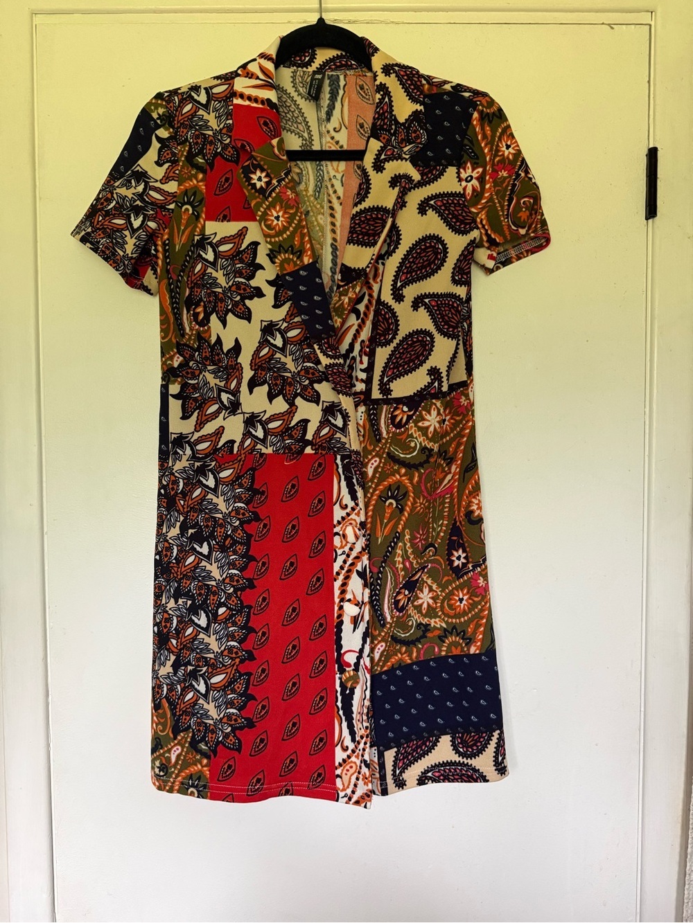 Zara Patchwork Paisley Short Sleeve Button Down Dress with Collar